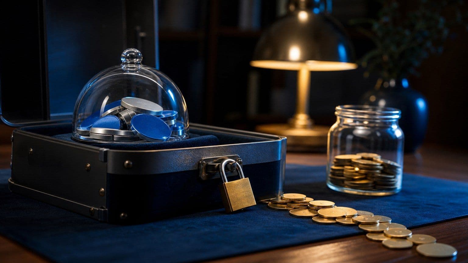 Abstrakte Krypto-Token liegen gesichert in einer kleinen Tresorschale, während blanke Münzscheiben als Staking Rewards in ein Glas fließen.