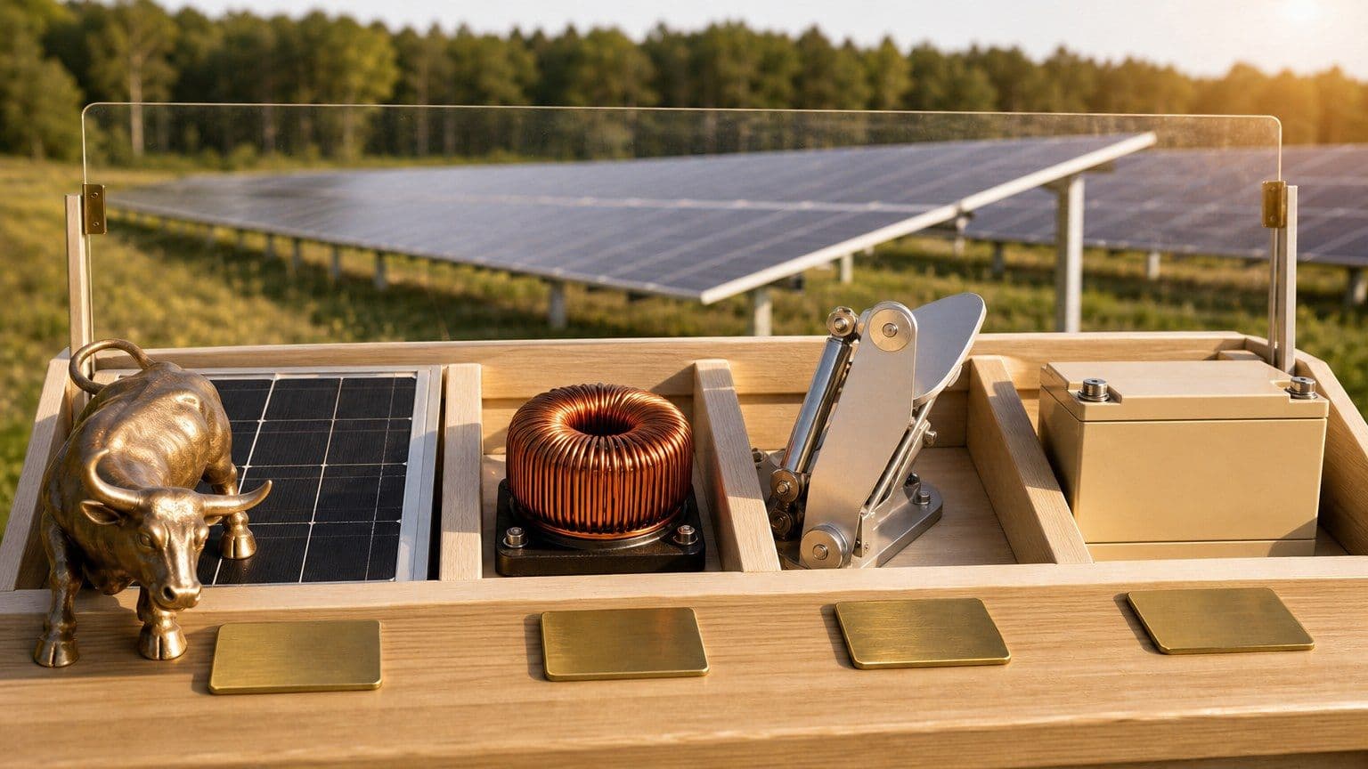 Eine Investment-Prüfstation mit Solarmodulen, Wechselrichterspule, Nachführtechnik, Speicher und Börsenbulle vor einem Solarpark.